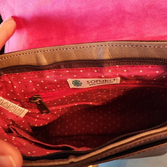 SORUKA ~ Leather Small Purse Crossbody ~ RECYCLED Leather ~ Brown & Orange ~ EUC - Picture 4 of 4